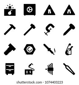 Solid vector icon set - terrorism vector, safe, Road narrows sign, hammer, sledgehammer, clamp, nail, bolt, nut, soldering iron, winch, tool cabinet, welding, allen key set, forceps