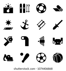 Solid vector icon set - terrorism vector, ski, lifebuoy, mat, anchor, bucksaw, clinch, Angular grinder, allen key, set, sharpening, excavator toy, baseball bat, soccer ball, basketball