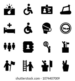 Solid vector icon set - terrorism vector, disabled, identity, treadmill, hospital bed, medical mask, no cart horse road sign, group, contact book, world, win, opportunity, speaker, victory