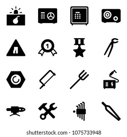 Solid vector icon set - terrorism vector, safe, Road narrows sign, gold medal, star, plumber, nut, metal hacksaw, farm fork, welding, pipe, wrench hammer, allen key set, forceps