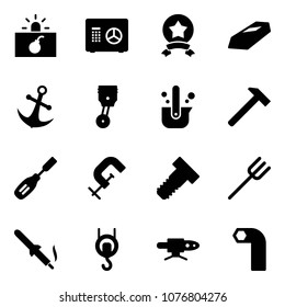 Solid vector icon set - terrorism vector, safe, star medal, gold, anchor, piston, casting of steel, hammer, chisel, clamp, bolt, farm fork, soldering iron, winch, pipe welding, allen key