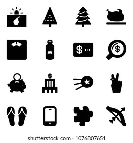 Solid vector icon set - terrorism vector, christmas tree, turkey, floor scales, milk, credit card, money search, piggy bank, building, first satellite, victory, flip flops, mobile phone, puzzle, bow