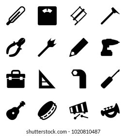 Solid vector icon set - thermometer vector, floor scales, bucksaw, mason hammer, side cutters, wood drill, pencil, tool box, corner ruler, allen key, awl, guitar, tambourine, xylophone, horn toy
