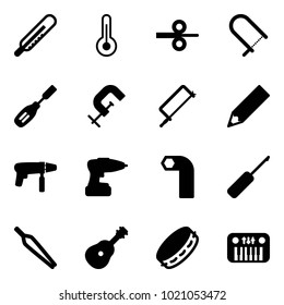 Solid vector icon set - thermometer vector, steel rolling, fretsaw, chisel, clamp, metal hacksaw, pencil, drill machine, allen key, awl, forceps, guitar, tambourine, toy piano