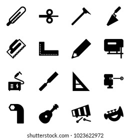 Solid vector icon set - thermometer vector, steel rolling, mason hammer, trowel, corner ruler, pencil, jig saw, welding, rasp, laser lever, allen key, guitar, xylophone, horn toy