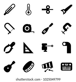 Solid vector icon set - thermometer vector, steel rolling, saw, fretsaw, measuring tape, chisel, clamp, side cutters, corner ruler, laser lever, allen key, guitar, tambourine, xylophone, toy piano