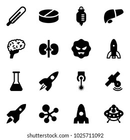 Solid vector icon set - thermometer vector, pill, drop counter, liver, brain, kidneys, virus, rocket, flask, laser, satellite, molecule, ufo toy