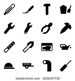 Solid vector icon set - thermometer vector, scalpel, work, bucket scoop, wrench, side cutters, screw, drill, tile, generator, oiler, construction helmet, trailer, allen key, awl