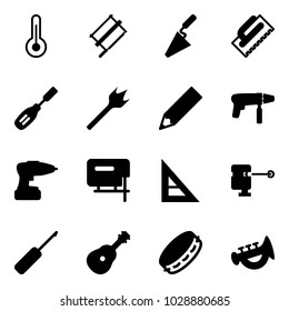 Solid vector icon set - thermometer vector, bucksaw, trowel, chisel, wood drill, pencil, machine, jig saw, corner ruler, laser lever, awl, guitar, tambourine, horn toy