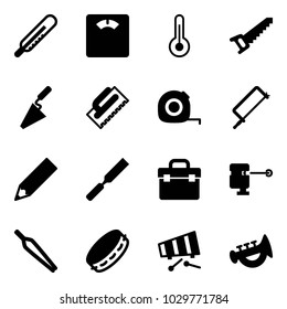 Solid vector icon set - thermometer vector, floor scales, saw, trowel, measuring tape, metal hacksaw, pencil, rasp, tool box, laser lever, forceps, tambourine, xylophone, horn toy