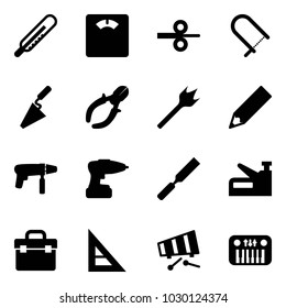 Solid vector icon set - thermometer vector, floor scales, steel rolling, fretsaw, trowel, side cutters, wood drill, pencil, machine, rasp, stapler, tool box, corner ruler, xylophone, toy piano