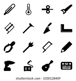 Solid vector icon set - thermometer vector, steel rolling, saw, bucksaw, mason hammer, trowel, corner ruler, side cutters, wood drill, metal hacksaw, pencil, welding, guitar, toy piano