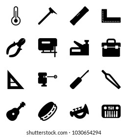 Solid vector icon set - thermometer vector, mason hammer, level, corner ruler, side cutters, jig saw, stapler, tool box, laser lever, awl, forceps, guitar, tambourine, horn toy, piano