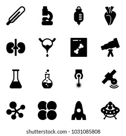 Solid vector icon set - thermometer vector, lab, drop counter, heart, kidneys, bladder, x ray, telescope, flask, round, laser, satellite, molecule, atom core, rocket, ufo toy