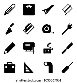 Solid vector icon set - thermometer vector, floor scales, saw, bucksaw, trowel, measuring tape, wood drill, pencil, jig, welding, rasp, tool box, corner ruler, allen key, awl