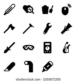 Solid vector icon set - thermometer vector, heart diagnosis, bucket scoop, mouse wireless, axe, mason hammer, wrench, dowel, clinch, protective glasses, multimeter, winch, work knife, allen key