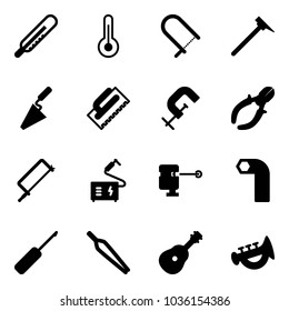 Solid vector icon set - thermometer vector, fretsaw, mason hammer, trowel, clamp, side cutters, metal hacksaw, welding, laser lever, allen key, awl, forceps, guitar, horn toy