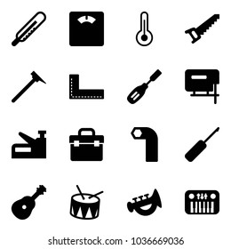 Solid vector icon set - thermometer vector, floor scales, saw, mason hammer, corner ruler, chisel, jig, stapler, tool box, allen key, awl, guitar, drum, horn toy, piano