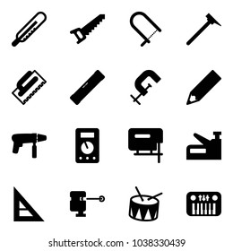 Solid vector icon set - thermometer vector, saw, fretsaw, mason hammer, trowel, level, clamp, pencil, drill machine, multimeter, jig, stapler, corner ruler, laser lever, drum, toy piano