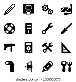 Solid vector icon set - thermometer vector, atm, gears, diving, lifebuoy, server, wrench, clinch, drill machine, multimeter, hammer, corner ruler, allen key, set, marker, shovel fork toy
