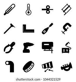 Solid vector icon set - thermometer vector, steel rolling, bucksaw, mason hammer, corner ruler, chisel, clamp, side cutters, drill, jig saw, welding, allen key, tambourine, xylophone, horn toy
