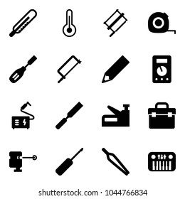 Solid vector icon set - thermometer vector, bucksaw, measuring tape, chisel, metal hacksaw, pencil, multimeter, welding, rasp, stapler, tool box, laser lever, awl, forceps, toy piano