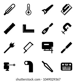 Solid vector icon set - thermometer vector, saw, trowel, level, corner ruler, chisel, clamp, wood drill, metal hacksaw, jig, rasp, laser lever, allen key, forceps, toy piano