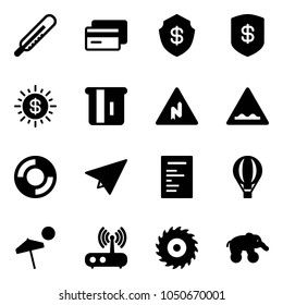 Solid vector icon set - thermometer vector, credit card, safe, dollar sun, atm, abrupt turn right road sign, rough, lifebuoy, paper plane, document, air balloon, beach, wi fi router, saw disk