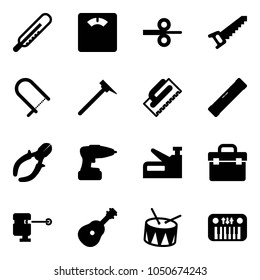 Solid vector icon set - thermometer vector, floor scales, steel rolling, saw, fretsaw, mason hammer, trowel, level, side cutters, drill, stapler, tool box, laser lever, guitar, drum, toy piano