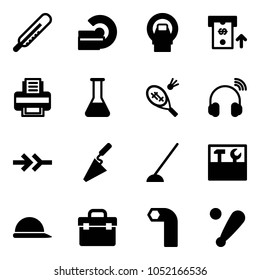 Solid vector icon set - thermometer vector, mri, atm, printer, flask, badminton, wireless headphones, connect, trowel, hoe, tool box, construction helmet, allen key, baseball bat