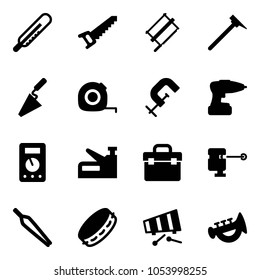 Solid vector icon set - thermometer vector, saw, bucksaw, mason hammer, trowel, measuring tape, clamp, drill, multimeter, stapler, tool box, laser lever, forceps, tambourine, xylophone, horn toy