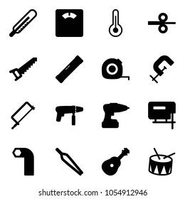 Solid vector icon set - thermometer vector, floor scales, steel rolling, saw, level, measuring tape, clamp, metal hacksaw, drill machine, jig, allen key, forceps, guitar, drum