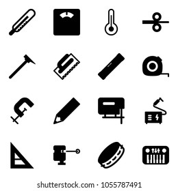 Solid vector icon set - thermometer vector, floor scales, steel rolling, mason hammer, trowel, level, measuring tape, clamp, pencil, jig saw, welding, corner ruler, laser lever, tambourine