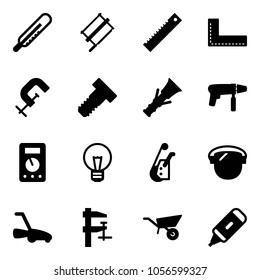 Solid vector icon set - thermometer vector, bucksaw, ruler, corner, clamp, bolt, dowel, drill machine, multimeter, bulb, winch, protect glass, lawn mower, wheelbarrow, marker