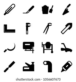 Solid vector icon set - thermometer vector, scalpel, bucket scoop, trowel, corner ruler, plumber, tile drill, sickle, jig saw, cocncrete mixer, lawn mower, rasp, stapler, allen key, marker