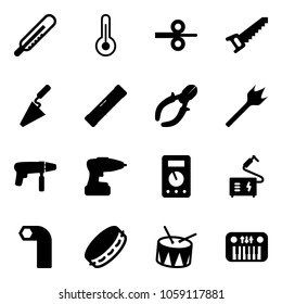 Solid vector icon set - thermometer vector, steel rolling, saw, trowel, level, side cutters, wood drill, machine, multimeter, welding, allen key, tambourine, drum, toy piano