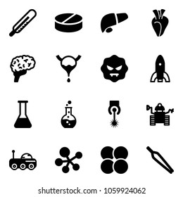 Solid vector icon set - thermometer vector, pill, liver, heart, brain, bladder, virus, rocket, flask, round, laser, robot, moon rover, molecule, atom core, forceps