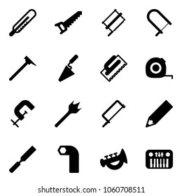 Solid vector icon set - thermometer vector, saw, bucksaw, fretsaw, mason hammer, trowel, measuring tape, clamp, wood drill, metal hacksaw, pencil, rasp, allen key, horn toy, piano