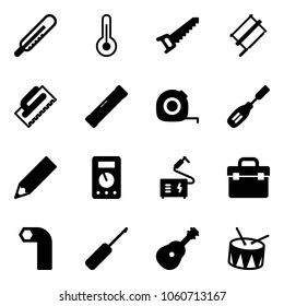 Solid vector icon set - thermometer vector, saw, bucksaw, trowel, level, measuring tape, chisel, pencil, multimeter, welding, tool box, allen key, awl, guitar, drum