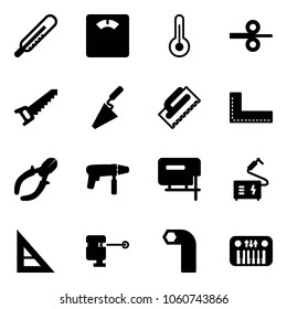 Solid vector icon set - thermometer vector, floor scales, steel rolling, saw, trowel, corner ruler, side cutters, drill machine, jig, welding, laser lever, allen key, toy piano