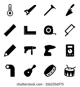 Solid vector icon set - thermometer vector, saw, mason hammer, trowel, level, corner ruler, measuring tape, metal hacksaw, pencil, drill machine, multimeter, allen key, guitar, tambourine, drum
