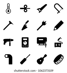 Solid vector icon set - thermometer vector, steel rolling, saw, fretsaw, mason hammer, trowel, wood drill, pencil, machine, multimeter, jig, welding, allen key, awl, guitar, tambourine