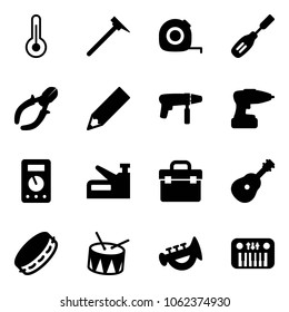 Solid vector icon set - thermometer vector, mason hammer, measuring tape, chisel, side cutters, pencil, drill machine, multimeter, stapler, tool box, guitar, tambourine, drum, horn toy, piano