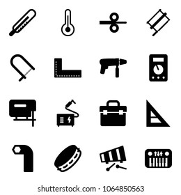 Solid vector icon set - thermometer vector, steel rolling, bucksaw, fretsaw, corner ruler, drill machine, multimeter, jig saw, welding, tool box, allen key, tambourine, xylophone, toy piano