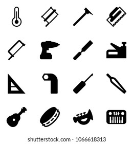 Solid vector icon set - thermometer vector, bucksaw, mason hammer, trowel, metal hacksaw, drill, rasp, stapler, corner ruler, allen key, awl, forceps, guitar, tambourine, horn toy, piano