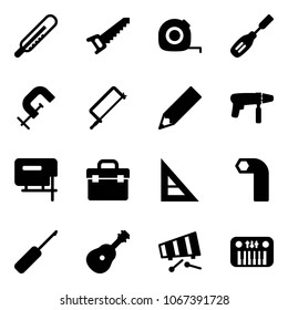 Solid vector icon set - thermometer vector, saw, measuring tape, chisel, clamp, metal hacksaw, pencil, drill machine, jig, tool box, corner ruler, allen key, awl, guitar, xylophone, toy piano