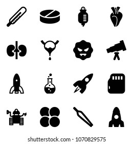 Solid vector icon set - thermometer vector, pill, drop counter, heart, kidneys, bladder, virus, telescope, rocket, round flask, micro flash card, robot, atom core, forceps