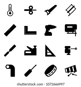 Solid vector icon set - thermometer vector, steel rolling, saw, bucksaw, level, corner ruler, drill, jig, rasp, stapler, laser lever, allen key, awl, tambourine, xylophone