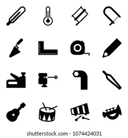 Solid vector icon set - thermometer vector, bucksaw, fretsaw, trowel, corner ruler, measuring tape, pencil, stapler, laser lever, allen key, forceps, guitar, drum, xylophone, horn toy