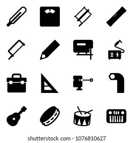 Solid vector icon set - thermometer vector, floor scales, bucksaw, level, metal hacksaw, pencil, jig saw, welding, tool box, corner ruler, laser lever, allen key, guitar, tambourine, drum, toy piano